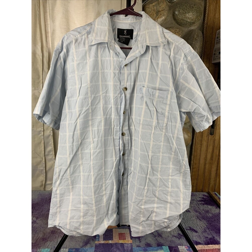 Browning Mens Large Button Up Short Sleeve Plaid Embroider Logo Pocket Outdoors